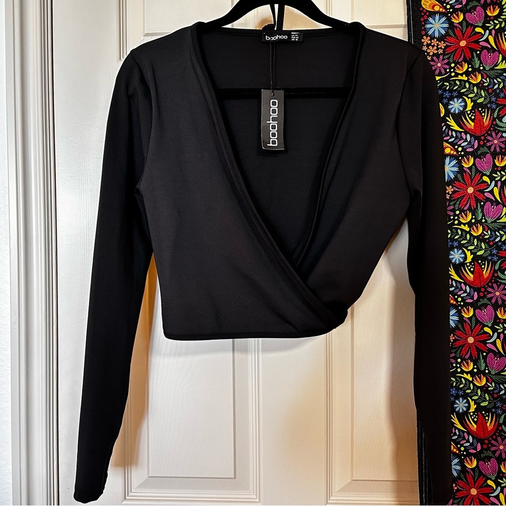 Boohoo Black Wrap Crop Top